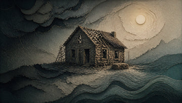 Illustrative, moody graphic of a remote old wooden cabin being rebuilt after a storm