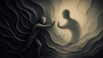 Illustrative moody gender-neutral graphic of a silhouette or abstract figure standing before its own shadow, in muted dark to
