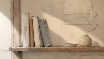 Abstract sketch illustration of a quiet wooden shelf with books under soft somber light