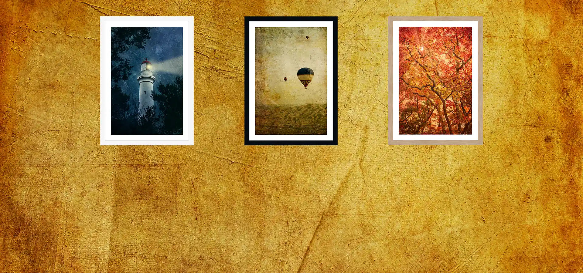 Three framed artworks on a textured yellow wall. Artworks by Andrew Para Photographic Artslider_item_tGjTkz
